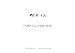 What is 5S
Work Place Organisation
Work Place Organisation
Copyright Leanman 2015 Leanmanufacturingtools.org
 