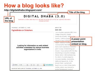 How a blog looks like? http://digitaldhaba.blogspot.com/ A power point presentation embed on blog. URL of the blog Title of the blog.