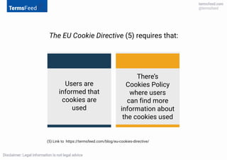 The EU Cookie Directive (5) requires that:
Users are
informed that
cookies are
used
There’s
Cookies Policy
where users
can...