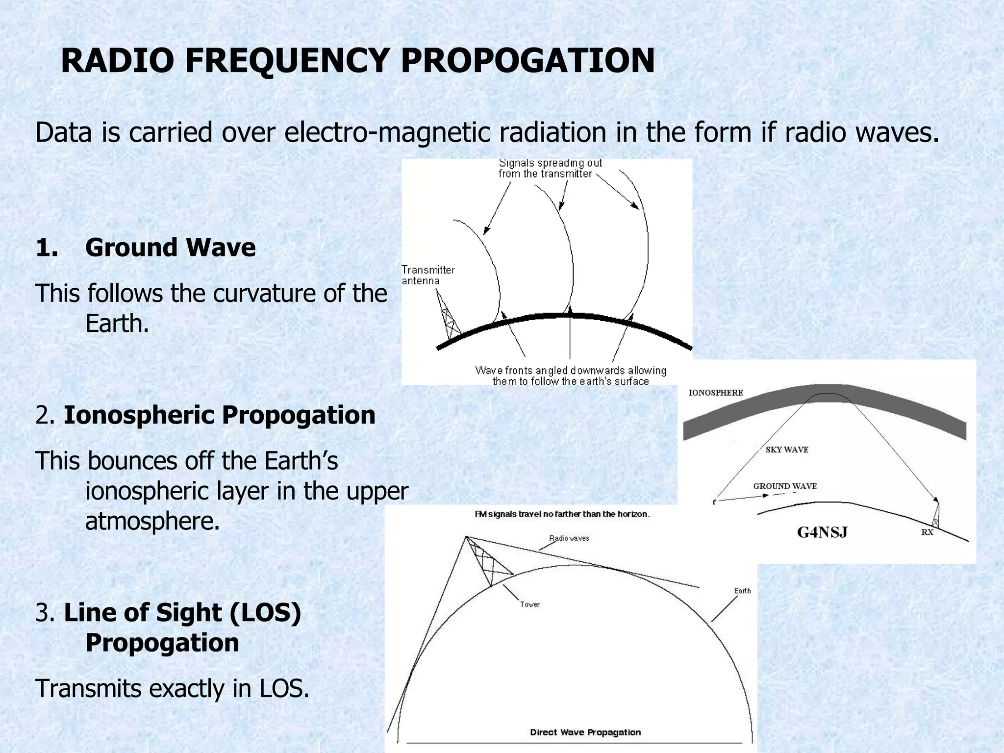 RADIO FREQUENCY PROPOGATION Data is carried over electro-magnetic radiation in the form if radio waves. Ground Wave This follows the curvature of the Earth. 2.  Ionospheric Propogation This bounces off the Earth’s ionospheric layer in the upper atmosphere. 3.  Line of Sight (LOS) Propogation Transmits exactly in LOS. 