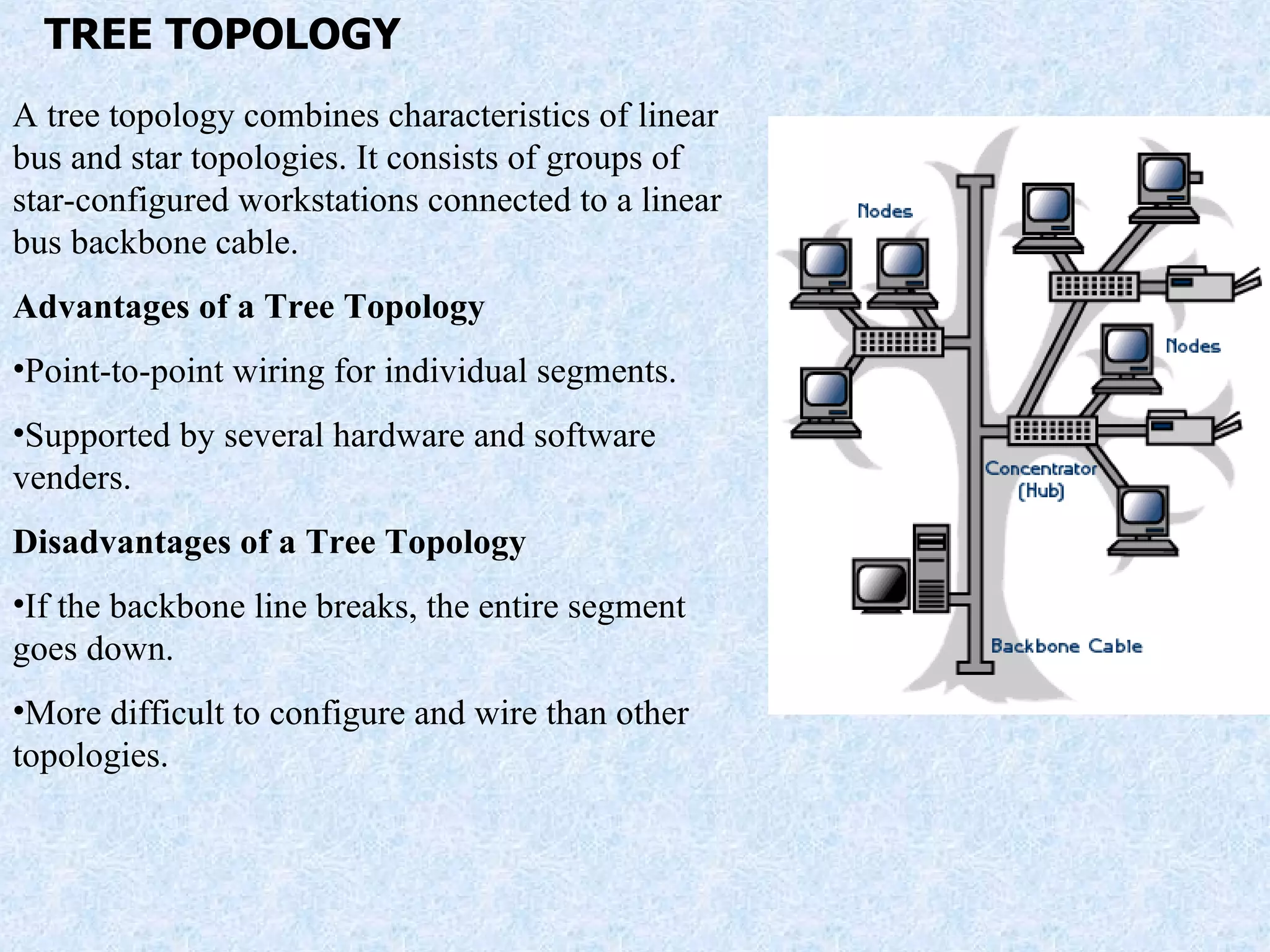 TREE TOPOLOGY A tree topology combines characteristics of linear bus and star topologies. It consists of groups of star-configured workstations connected to a linear bus backbone cable. Advantages of a Tree Topology Point-to-point wiring for individual segments.  Supported by several hardware and software venders.  Disadvantages of a Tree Topology If the backbone line breaks, the entire segment goes down.  More difficult to configure and wire than other topologies.  