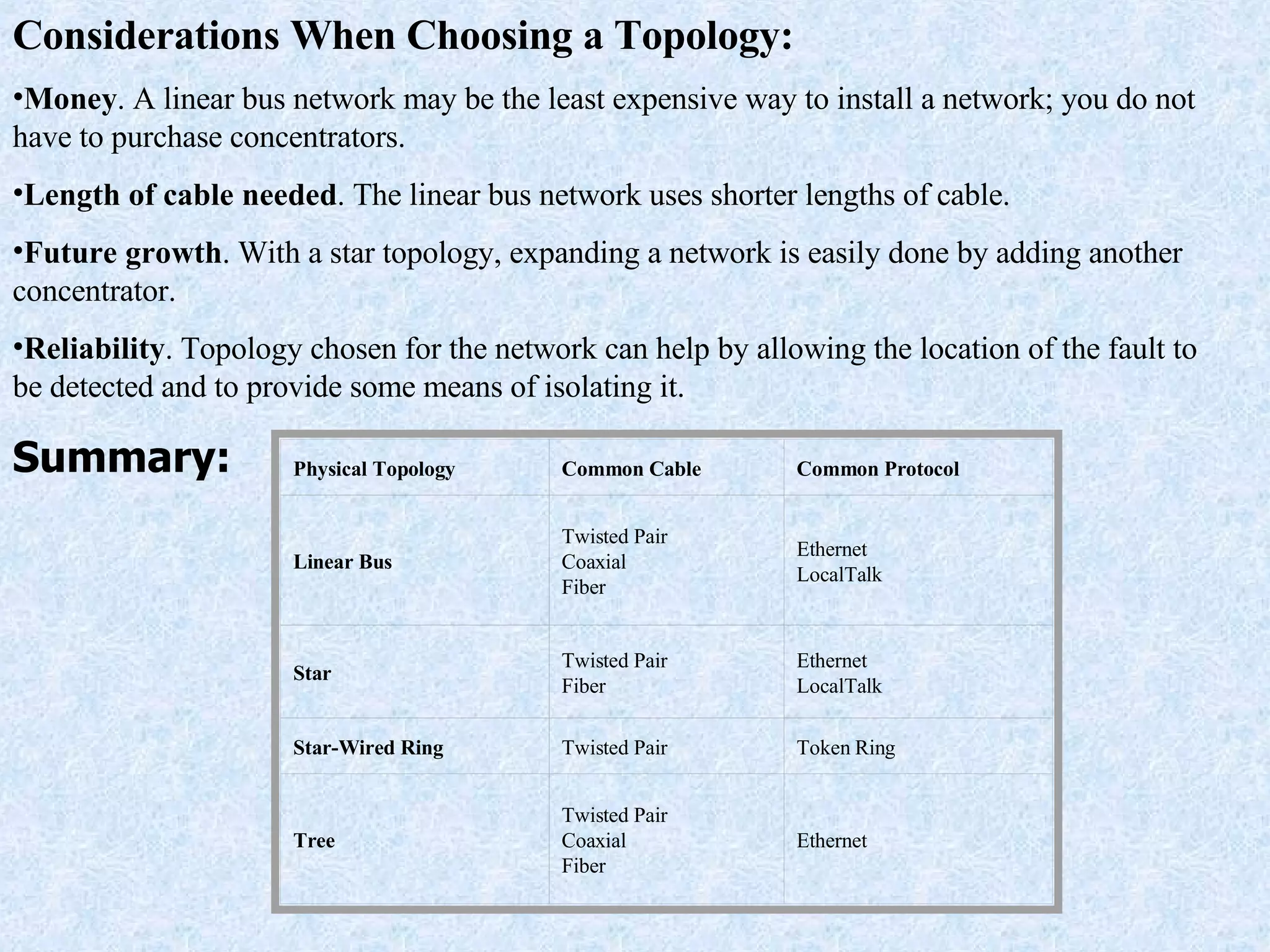 Considerations When Choosing a Topology: Money . A linear bus network may be the least expensive way to install a network; you do not have to purchase concentrators.  Length of cable needed . The linear bus network uses shorter lengths of cable.  Future growth . With a star topology, expanding a network is easily done by adding another concentrator.  Reliability . Topology chosen for the network can help by allowing the location of the fault to be detected and to provide some means of isolating it. Summary: Physical Topology Common Cable Common Protocol Linear Bus Twisted Pair Coaxial Fiber Ethernet LocalTalk Star Twisted Pair Fiber Ethernet LocalTalk Star-Wired Ring Twisted Pair Token Ring Tree Twisted Pair Coaxial Fiber Ethernet 