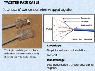 TWISTED PAIR CABLE It consists of two identical wires wrapped together. The 8 pin modular jacks at both ends of an Ethernet cable, clearly showing the wire pairs inside. Advantage Simplicity and ease of installation. Low cost Disadvantage Data transmission characteristics are not so good. 