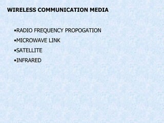 WIRELESS COMMUNICATION MEDIA RADIO FREQUENCY PROPOGATION MICROWAVE LINK SATELLITE INFRARED 