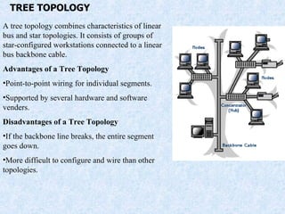 TREE TOPOLOGY A tree topology combines characteristics of linear bus and star topologies. It consists of groups of star-configured workstations connected to a linear bus backbone cable. Advantages of a Tree Topology Point-to-point wiring for individual segments.  Supported by several hardware and software venders.  Disadvantages of a Tree Topology If the backbone line breaks, the entire segment goes down.  More difficult to configure and wire than other topologies.  