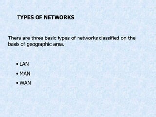 TYPES OF NETWORKS There are three basic types of networks classified on the basis of geographic area. LAN MAN WAN 