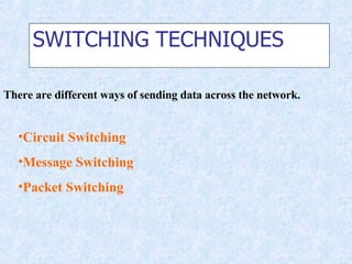 SWITCHING TECHNIQUES There are different ways of sending data across the network. Circuit Switching Message Switching Packet Switching 