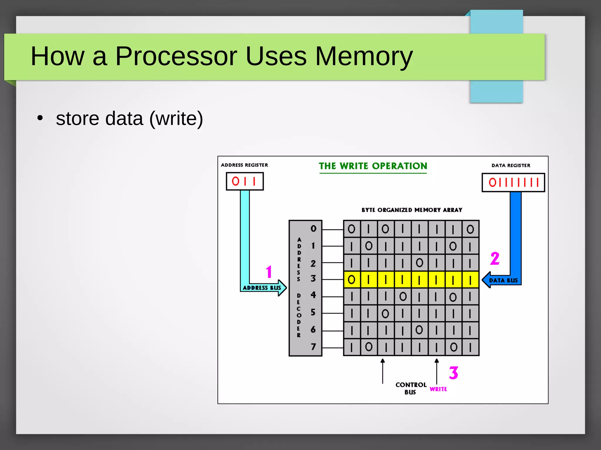 How a Processor Uses Memory
●
store data (write)
 