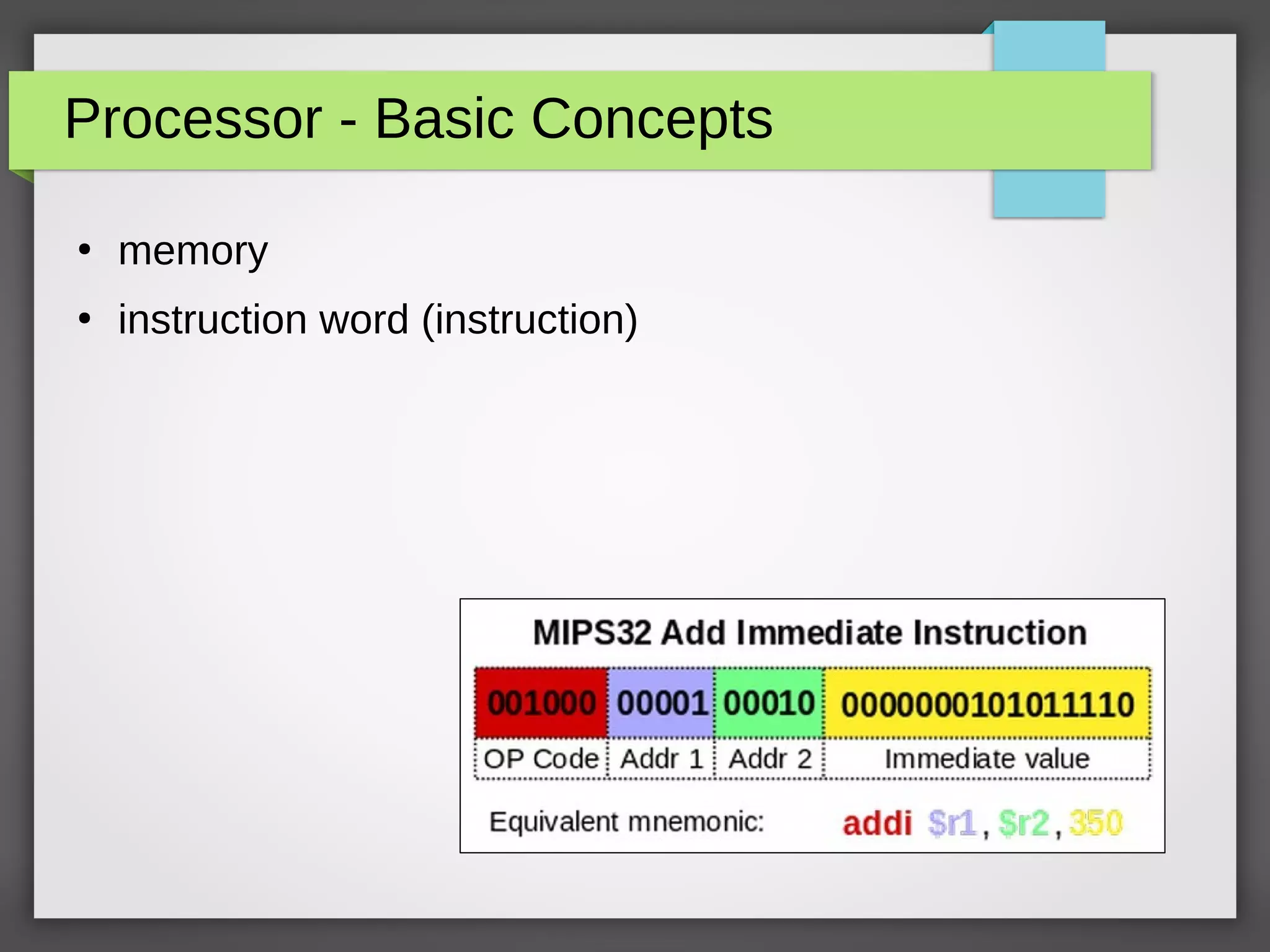 Processor - Basic Concepts
●
memory
●
instruction word (instruction)
 