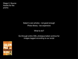 Salam’s own photos - not good enough Photo library - too expensive What to do? Go through entire GNL photojournalism archi...