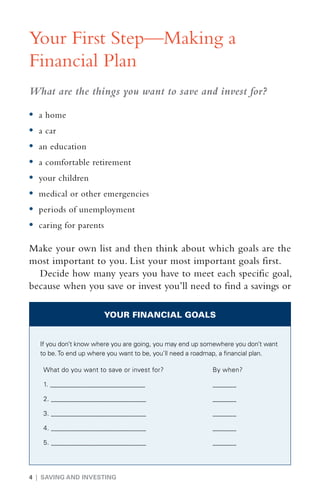 Your First Step—Making a
Financial Plan
What are the things you want to save and invest for?

•	 a home
•	 a car
•	 an education
•	 a comfortable retirement
•	 your children
•	 medical or other emergencies
•	 periods of unemployment
•	 caring for parents

Make your own list and then think about which goals are the
most important to you. List your most important goals first.
  Decide how many years you have to meet each specific goal,
because when you save or invest you’ll need to find a savings or

                        YOUR FINANCIAL GOALS


   If you don’t know where you are going, you may end up somewhere you don’t want
   to be. To end up where you want to be, you’ll need a roadmap, a financial plan.

    What do you want to save or invest for?                 By when?

    1. ____________________________                         _______

    2. ____________________________                         _______

    3. ____________________________                         _______

    4. ____________________________                         _______

    5. ____________________________                         _______




4 | SAVING AND INVESTING
 