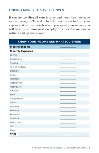FINDING MONEY TO SAVE OR INVEST

If you are spending all your income, and never have money to
save or invest, you’ll need to look for ways to cut back on your
expenses. When you watch where you spend your money, you
will be surprised how small everyday expenses that you can do
without add up over a year.

          KNOW YOUR INCOME AND WHAT YOU SPEND

Monthly Income                             ________________

Monthly Expenses
Savings                                    ________________
Investments                                ________________
Housing                                    ________________
Rent or mortgage                           ________________
Electricity                                ________________
Gas/oil                                    ________________
Telephone                                  ________________
Water/sewer                                ________________
Property tax                               ________________
Furniture                                  ________________
Food                                       ________________
Transportation                             ________________
Loans                                      ________________
Insurance                                  ________________
Education                                  ________________
Recreation                                 ________________
Child care                                 ________________
Health care                                ________________
Gifts                                      ________________
Other                                      ________________

TOTAL                                      ________________




                   A ROADMAP TO YOUR JOURNEY TO FINANCIAL SECURITY | 7
 