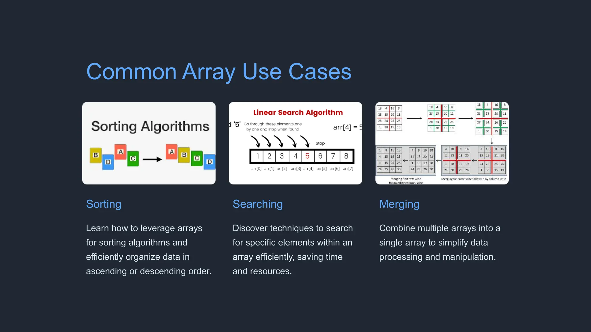 Common Array Use Cases
Sorting
Learn how to leverage arrays
for sorting algorithms and
efficiently organize data in
ascending or descending order.
Searching
Discover techniques to search
for specific elements within an
array efficiently, saving time
and resources.
Merging
Combine multiple arrays into a
single array to simplify data
processing and manipulation.
 