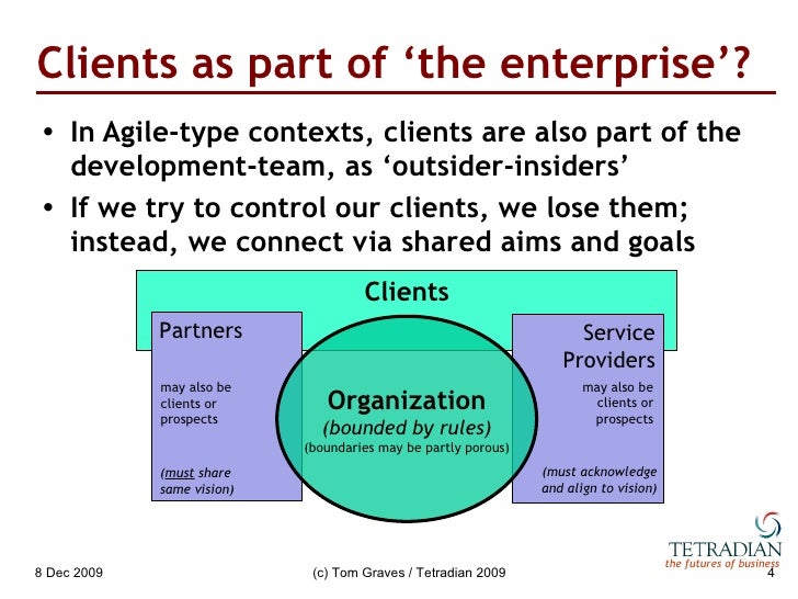 Clients as part of ‘the enterprise’? <ul><li>In Agile-type contexts, clients are also part of the development-team, as ‘ou...
