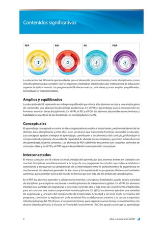 ¿Qué es la educación del IB?8
Contenidos significativos
PEP PAI PD POP
La educación del IB brinda oportunidades para el desarrollo de conocimientos tanto disciplinarios como
interdisciplinarios que cumplen con los rigurosos estándares establecidos por instituciones de educación
superior de todo el mundo. Los programas del IB ofrecen marcos curriculares y cursos amplios y equilibrados,
conceptuales e interconectados.
Amplios y equilibrados
La educación del IB representa un enfoque equilibrado que ofrece a los alumnos acceso a una amplia gama
de contenidos que abarcan las disciplinas académicas. En el PEP, el aprendizaje aspira a transcender las
fronteras entre las áreas disciplinarias. En el PAI, el PD y el POP, los alumnos desarrollan conocimientos y
habilidades específicos de las disciplinas con complejidad creciente.
Conceptuales
El aprendizaje conceptual se centra en ideas organizadoras amplias e importantes, pertinentes dentro de las
distintas áreas disciplinarias y entre ellas, y con un alcance que transciende fronteras nacionales y culturales.
Los conceptos ayudan a integrar el aprendizaje, contribuyen a la coherencia del currículo, profundizan la
comprensión disciplinaria, desarrollan la capacidad de abordar ideas complejas y permiten la transferencia
del aprendizaje a nuevos contextos. Los alumnos de PEP y del PAI se encuentran con conjuntos definidos de
conceptos clave y en el PD y el POP siguen desarrollando su comprensión conceptual.
Interconectados
El marco curricular del IB valora la simultaneidad del aprendizaje. Los alumnos entran en contacto con
muchas disciplinas simultáneamente a lo largo de sus programas de estudio; aprenden a establecer
conexiones y enriquecen su comprensión de la interrelación entre el conocimiento y la experiencia en
muchas áreas. Los objetivos generales de los cursos y los requisitos de los programas ofrecen oportunidades
auténticas para aprender acerca del mundo en formas que van más allá del ámbito de cada disciplina.
En el PEP, los alumnos aprenden y utilizan conocimientos, conceptos y habilidades a partir de una variedad
de disciplinas para explorar seis temas transdisciplinarios de trascendencia global. En el PAI, los alumnos
estudian una variedad de asignaturas y a menudo conectan dos o más áreas de conocimiento establecidas
para así construir una nueva comprensión interdisciplinaria. En el PD, los alumnos estudian una variedad
de asignaturas y, a través del componente de Creatividad, Actividad y Servicio (CAS) del núcleo del
programa, continúan su exploración de la actividad física y del proceso creativo. Los cursos y requisitos
interdisciplinarios del PD ofrecen a los alumnos formas para explorar nuevos temas y conocimientos con
alcance interdisciplinario, y el curso de Teoría del Conocimiento (TdC) los ayuda a conectar su aprendizaje
 