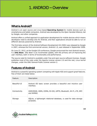 Android
14
WhatisAndroid?
Android is an open source and Linux-based Operating System for mobile devices such as
smartphones and tablet computers. Android was developed by the Open Handset Alliance, led
by Google, and other companies.
Android offers a unified approach to application development for mobile devices which means
developers need to develop only for Android, and their applications should be able to run on
different devices powered by Android.
The first beta version of the Android Software Development Kit (SDK) was released by Google
in 2007, whereas the first commercial version, Android 1.0, was released in September 2008.
On June 27, 2012, at the Google I/O conference, Google announced the next Android version,
4.1 Jelly Bean. Jelly Bean is an incremental update, with the primary aim of improving the
user interface, both in terms of functionality and performance.
The source code for Android is available under free and open source software licenses. Google
publishes most of the code under the Apache License version 2.0 and the rest, Linux kernel
changes, under the GNU General Public License version 2.
FeaturesofAndroid
Android is a powerful operating system competing with Apple 4GS and support great features.
Few of them are listed below:
Feature Description
Beautiful UI Android OS basic screen provides a beautiful and intuitive user
interface.
Connectivity GSM/EDGE, IDEN, CDMA, EV-DO, UMTS, Bluetooth, Wi-Fi, LTE, NFC
and WiMAX.
Storage SQLite, a lightweight relational database, is used for data storage
purposes.
1. ANDROID – Overview
 