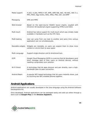 Android
15
Media support H.263, H.264, MPEG-4 SP, AMR, AMR-WB, AAC, HE-AAC, AAC 5.1,
MP3, MIDI, Ogg Vorbis, WAV, JPEG, PNG, GIF, and BMP
Messaging SMS and MMS
Web browser Based on the open-source WebKit layout engine, coupled with
Chrome's V8 JavaScript engine supporting HTML5 and CSS3.
Multi-touch Android has native support for multi-touch which was initially made
available in handsets such as the HTC Hero.
Multi-tasking User can jump from one task to another and same time various
application can run simultaneously.
Resizable widgets Widgets are resizable, so users can expand them to show more
content or shrink them to save space
Multi-Language Support single direction and bi-directional text.
GCM Google Cloud Messaging (GCM) is a service that let developers send
short message data to their users on Android devices, without
needing a proprietary sync solution.
Wi-Fi Direct A technology that let apps discover and pair directly, over a high-
bandwidth peer-to-peer connection.
Android Beam A popular NFC-based technology that let users instantly share, just
by touching two NFC-enabled phones together.
AndroidApplications
Android applications are usually developed in the Java language using the Android Software
Development Kit.
Once developed, Android applications can be packaged easily and sold out either through a
store such as Google Play or the Amazon Appstore.
 