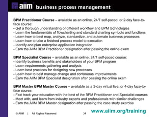 © AIIM | All Rights Reserved 34
BPM Practitioner Course – available as an online, 24/7 self-paced, or 2-day face-to-
face ...