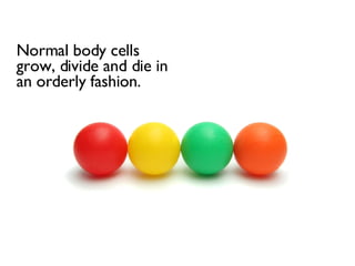 Normal body cells grow, divide and die in an orderly fashion. 
