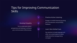 Tips for Improving Communication
Skills
1 Practice Active Listening
Engage in mindful listening by giving
your full attention and providing
feedback.
2
Develop Empathy
Try to understand others'
perspectives and feelings to enhance
your communication effectiveness. 3 Learn Non-Verbal Cues
Pay attention to body language and
other non-verbal signals to better
understand the message being
conveyed.
 