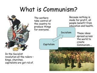What is Communism? Socialism Capitalism In the Socialist revolution all the rulers – kings, churches, capitalists are got rid of. The workers take control of the country to produce things for everyone. Because nothing is made for profit, all people benefit from education and health. These ideas spread across the world to create Communism…. 