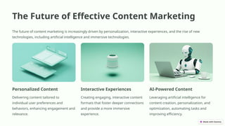 The Future of Effective Content Marketing
The future of content marketing is increasingly driven by personalization, interactive experiences, and the rise of new
technologies, including artificial intelligence and immersive technologies.
Personalized Content
Delivering content tailored to
individual user preferences and
behaviors, enhancing engagement and
relevance.
Interactive Experiences
Creating engaging, interactive content
formats that foster deeper connections
and provide a more immersive
experience.
AI-Powered Content
Leveraging artificial intelligence for
content creation, personalization, and
optimization, automating tasks and
improving efficiency.
 