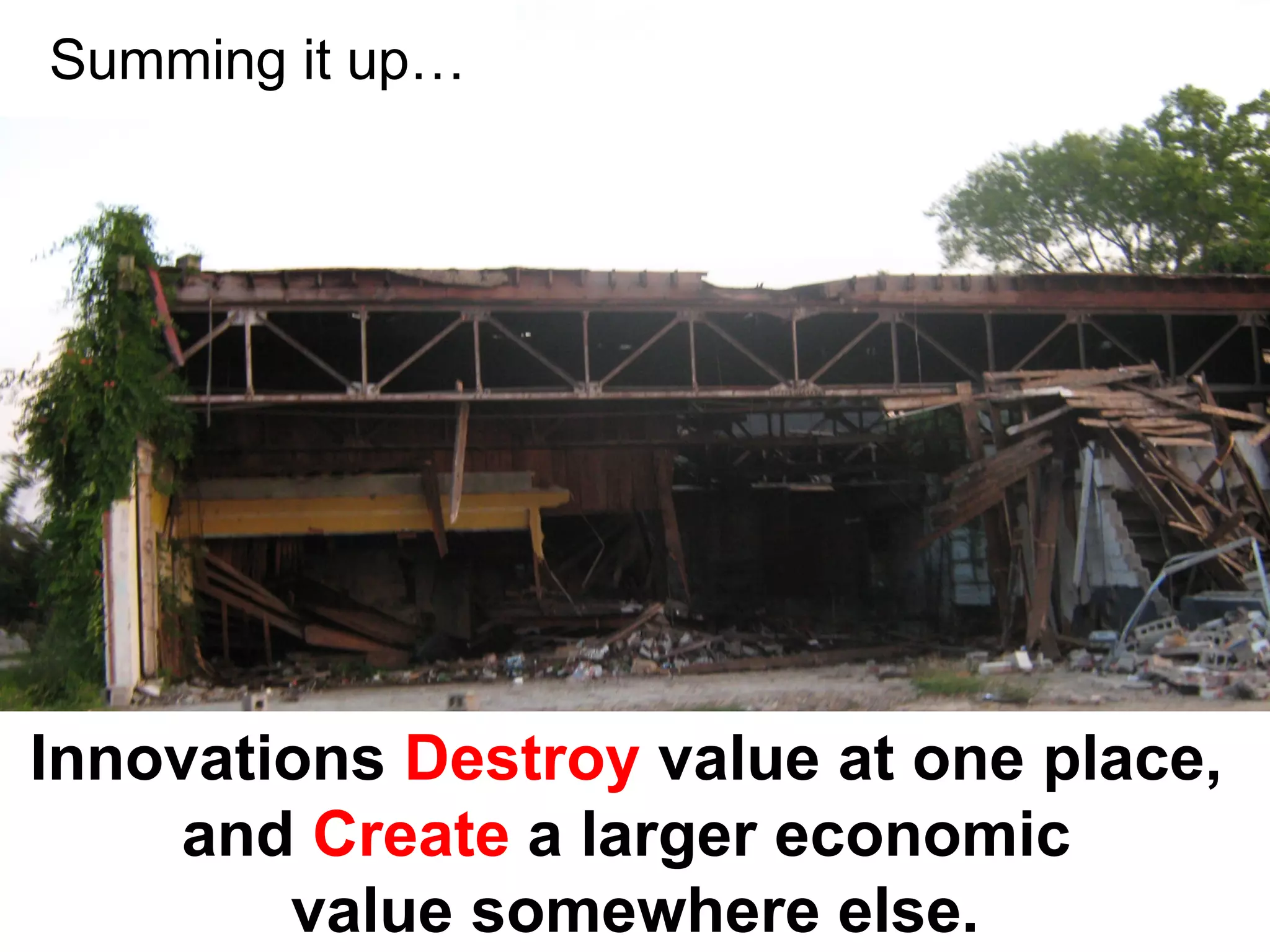 Summing it up…




Innovations Destroy value at one place,
     and Create a larger economic
        value somewhere else.
 