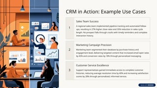 CRM in Action: Example Use Cases
1
Sales Team Success
A regional sales team implemented pipeline tracking and automated follow-
ups, resulting in 27% higher close rates and 35% reduction in sales cycle
length. No prospect falls through cracks with timely reminders and complete
interaction history.
2
Marketing Campaign Precision
Marketing team segmented their database by purchase history and
engagement level, delivering targeted content that increased email open rates
by 45% and conversion rates by 18% through personalized messaging.
3
Customer Service Excellence
Support representatives gained immediate access to complete customer
histories, reducing average resolution time by 40% and increasing satisfaction
scores by 28% through personalized, informed service.
 