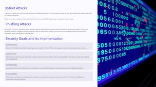 Botnet Attacks
A botnet is a network of compromised computers controlled by attackers. These computers, known as bots, are infected with malware and used
for malicious purposes.
Attackers can use a botnet to launch distributed denial-of-service (DDoS) attacks, spam campaigns, and steal data.
Phishing Attacks
Phishing is a common cyberattack where attackers disguise themselves as trusted entities, like banks or government agencies. They send
deceptive emails or messages containing malicious links or attachments, aiming to trick victims into revealing sensitive information like
passwords, credit card details, or personal data.
Security Goals and its implmentation
Authentication
Ensures the identity of users before granting access to systems or data. This protects against unauthorized access and data breaches.
Authorization
Determines the level of access users have to specific resources based on their roles and responsibilities. This helps maintain data integrity
and confidentiality.
Confidentiality
Guarantees that sensitive information is protected from unauthorized disclosure. This protects privacy and intellectual property.
Accountability
Tracks actions and decisions made by users, allowing for auditing and tracing any malicious activities. This helps in identifying and
responding to security breaches.
 