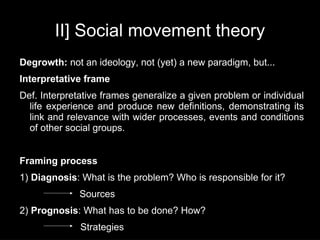 II] Social movement theory
Degrowth: not an ideology, not (yet) a new paradigm, but...
Interpretative frame
Def. Interpretative frames generalize a given problem or individual
  life experience and produce new definitions, demonstrating its
  link and relevance with wider processes, events and conditions
  of other social groups.


Framing process
1) Diagnosis: What is the problem? Who is responsible for it?
              Sources
2) Prognosis: What has to be done? How?
              Strategies
 