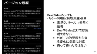 DevとSalesにとっても
パッケージ開発/販売とは違う世界
◉ 素早くリリース→素早く
改善
◉ DevやSalesだけでは実
現できない
◉ 外的、内的要因から来
る変化に柔軟に対応
◉ 売って終わりではない
19
 