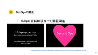 23
DevOpsの誕生
◉ 当時の資料は現在でも閲覧可能
https://www.slideshare.net/jallspaw/10-deploys-per-day-dev-and-ops-cooperation-at-ﬂickr
 
