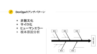 DevOpsのアンチパターン
43
◉ 非難文化
◉ サイロ化
◉ ヒューマンエラー
◉ 根本原因分析
 