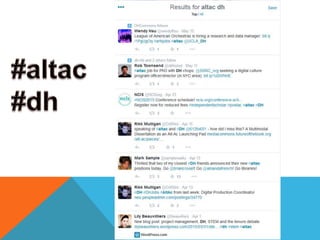 EVALUATING DH/TENURE & PROMOTION
MLA Guidelines
https://www.mla.org/guidelines_evaluation_digital
AHA Committee
http://historians.org/teaching-and-learning/current-projects/committee-
on-professional-evaluation-of-digital-scholarship-in-history
Academic Commons (Kristine M. Bartanen)
http://www.academiccommons.org/2014/07/24/digital-scholarship-and-
the-tenure-and-promotion-process/
Promotion and Tenure for Digital Scholarship
http://journalofdigitalhumanities.org/1-4/promotion-and-tenure-for-
digital-scholarship-by-laura-mandell/
 