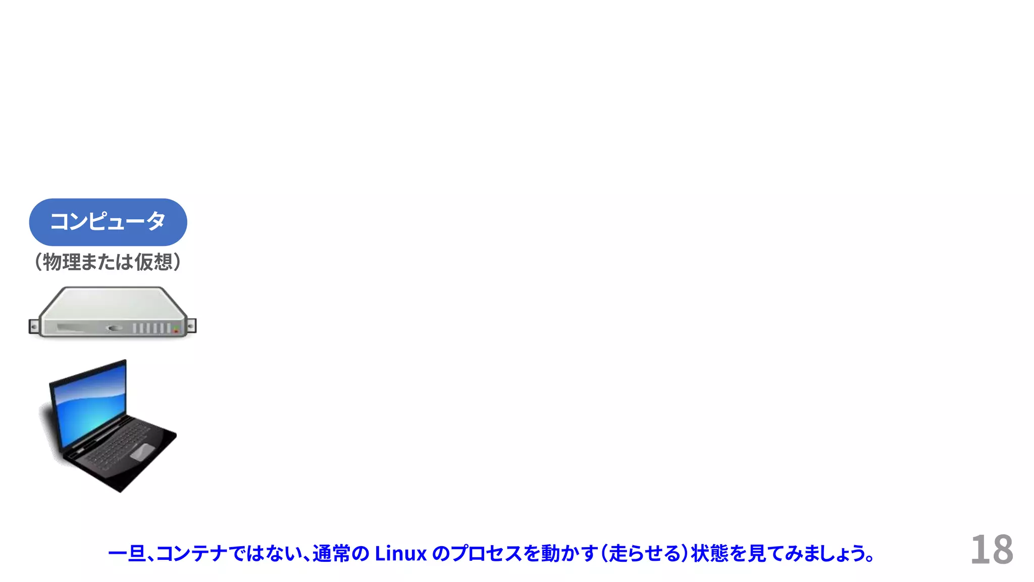 18
（物理または仮想）
コンピュータ
一旦、コンテナではない、通常の Linux のプロセスを動かす（走らせる）状態を見てみましょう。
 