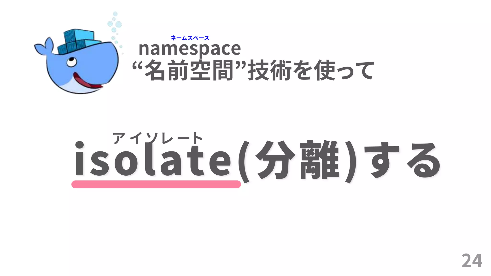 24
isolate(分離)する
ア イ ソ レ ー ト
“名前空間”技術を使って
namespace
ネームスペース
 