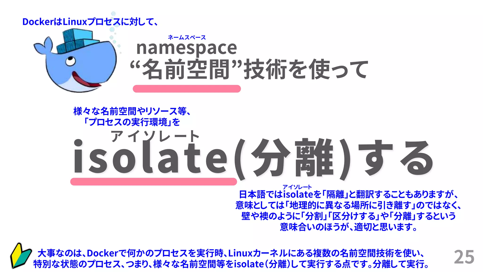 25
isolate(分離)する
ア イ ソ レ ー ト
“名前空間”技術を使って
namespace
大事なのは、Dockerで何かのプロセスを実行時、Linuxカーネルにある複数の名前空間技術を使い、
特別な状態のプロセス、つまり、様々な名前空間等をisolate（分離）して実行する点です。分離して実行。
日本語ではisolateを「隔離」と翻訳することもありますが、
意味としては「地理的に異なる場所に引き離す」のではなく、
壁や襖のように「分割」「区分けする」や「分離」するという
意味合いのほうが、適切と思います。
DockerはLinuxプロセスに対して、
様々な名前空間やリソース等、
「プロセスの実行環境」を
ネームスペース
アイソレート
 