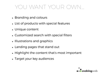 YOU WANT YOUR OWN…
• Branding and colours
• List of products with special features
• Unique content
• Customized search with special ﬁlters
• Illustrations and graphics
• Landing pages that stand out
• Highlight the content that’s most important
• Target your key audiences
 