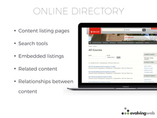 ONLINE DIRECTORY
e v o l v i n g w e b . c a
• Content listing pages
• Search tools
• Embedded listings
• Related content
• Relationships between
content
 