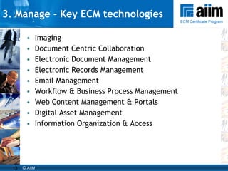 3. Manage - Key ECM technologies Imaging Document Centric Collaboration Electronic Document Management Electronic Records Management Email Management Workflow & Business Process Management Web Content Management & Portals Digital Asset Management Information Organization & Access 