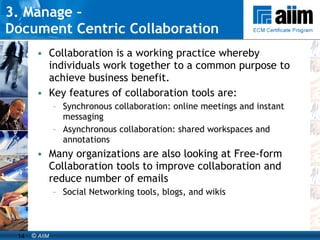 3. Manage –  Document Centric Collaboration Collaboration is a working practice whereby individuals work together to a common purpose to achieve business benefit.  Key features of collaboration tools are:  Synchronous collaboration: online meetings and instant messaging Asynchronous collaboration: shared workspaces and annotations Many organizations are also looking at Free-form Collaboration tools to improve collaboration and reduce number of emails Social Networking tools, blogs, and wikis 
