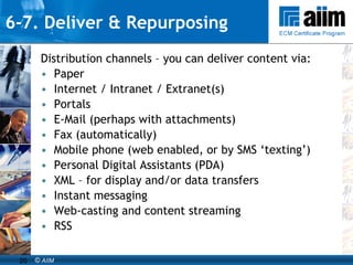 6-7. Deliver & Repurposing Distribution channels – you can deliver content via: Paper Internet / Intranet / Extranet(s) Portals E-Mail (perhaps with attachments) Fax (automatically) Mobile phone (web enabled, or by SMS ‘texting’) Personal Digital Assistants (PDA) XML – for display and/or data transfers Instant messaging Web-casting and content streaming RSS 