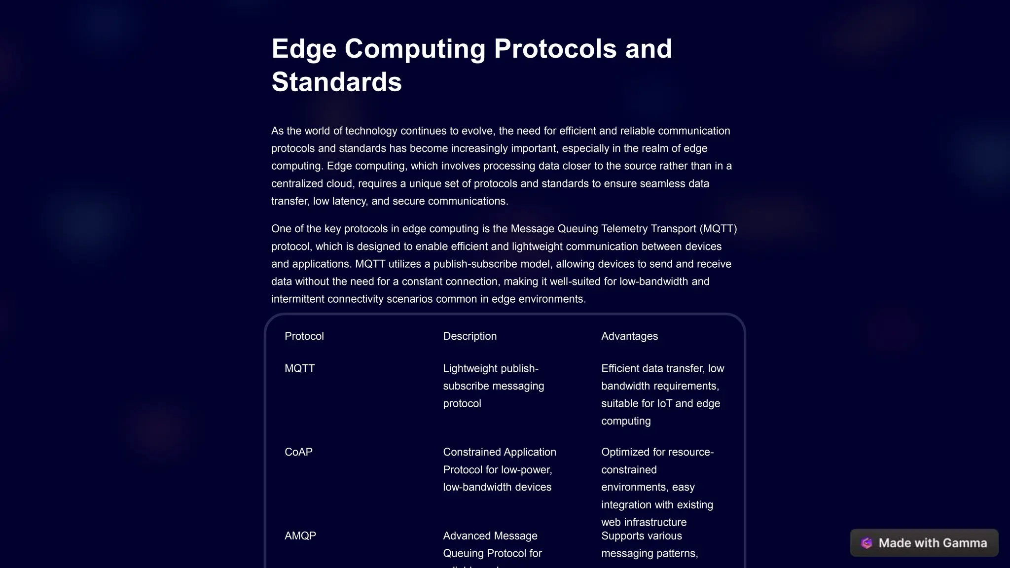 Edge Computing Protocols and
Standards
As the world of technology continues to evolve, the need for efficient and reliable communication
protocols and standards has become increasingly important, especially in the realm of edge
computing. Edge computing, which involves processing data closer to the source rather than in a
centralized cloud, requires a unique set of protocols and standards to ensure seamless data
transfer, low latency, and secure communications.
One of the key protocols in edge computing is the Message Queuing Telemetry Transport (MQTT)
protocol, which is designed to enable efficient and lightweight communication between devices
and applications. MQTT utilizes a publish-subscribe model, allowing devices to send and receive
data without the need for a constant connection, making it well-suited for low-bandwidth and
intermittent connectivity scenarios common in edge environments.
Protocol Description Advantages
MQTT Lightweight publish-
subscribe messaging
protocol
Efficient data transfer, low
bandwidth requirements,
suitable for IoT and edge
computing
CoAP Constrained Application
Protocol for low-power,
low-bandwidth devices
Optimized for resource-
constrained
environments, easy
integration with existing
web infrastructure
AMQP Advanced Message
Queuing Protocol for
Supports various
messaging patterns,
 