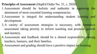 Principles of Assessment (DepEd Order No. 31, s. 2020)
1.Assessment should be holistic and authentic in capturing the
attainment of most essential learning competencies.
2.Assessment is integral for understanding student learning and
development.
3.A variety of assessment strategies is necessary, with formative
assessment taking priority to inform teaching and promote growth
and mastery.
4.Assessment and feedback should be a shared responsibility among
teachers, learners, and their families.
5.Assessment and grading should have a positive impact on learning.
 