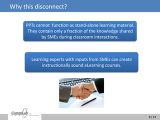 / 24/ 24
Why this disconnect?
8
PPTs cannot function as stand-alone learning material.
They contain only a fraction of the knowledge shared
by SMEs during classroom interactions.
Learning experts with inputs from SMEs can create
instructionally sound eLearning courses.
 