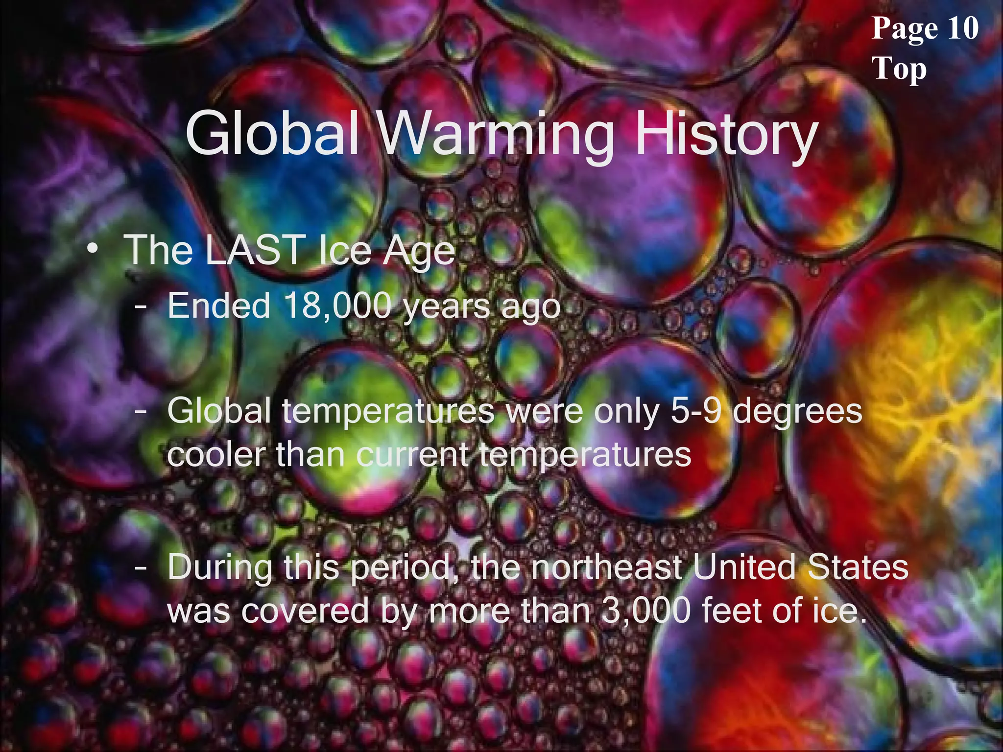 Global Warming History The LAST Ice Age Ended 18,000 years ago Global temperatures were only 5-9 degrees cooler than current temperatures During this period, the northeast United States was covered by more than 3,000 feet of ice. Page 10 Top 