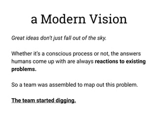 a Modern Vision
Great ideas don’t just fall out of the sky.
Whether it’s a conscious process or not, the answers
humans co...