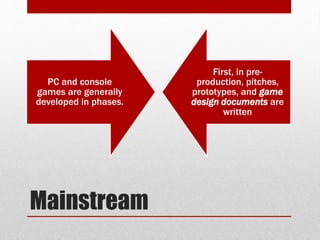Mainstream
PC and console
games are generally
developed in phases.
First, in pre-
production, pitches,
prototypes, and game
design documents are
written
 