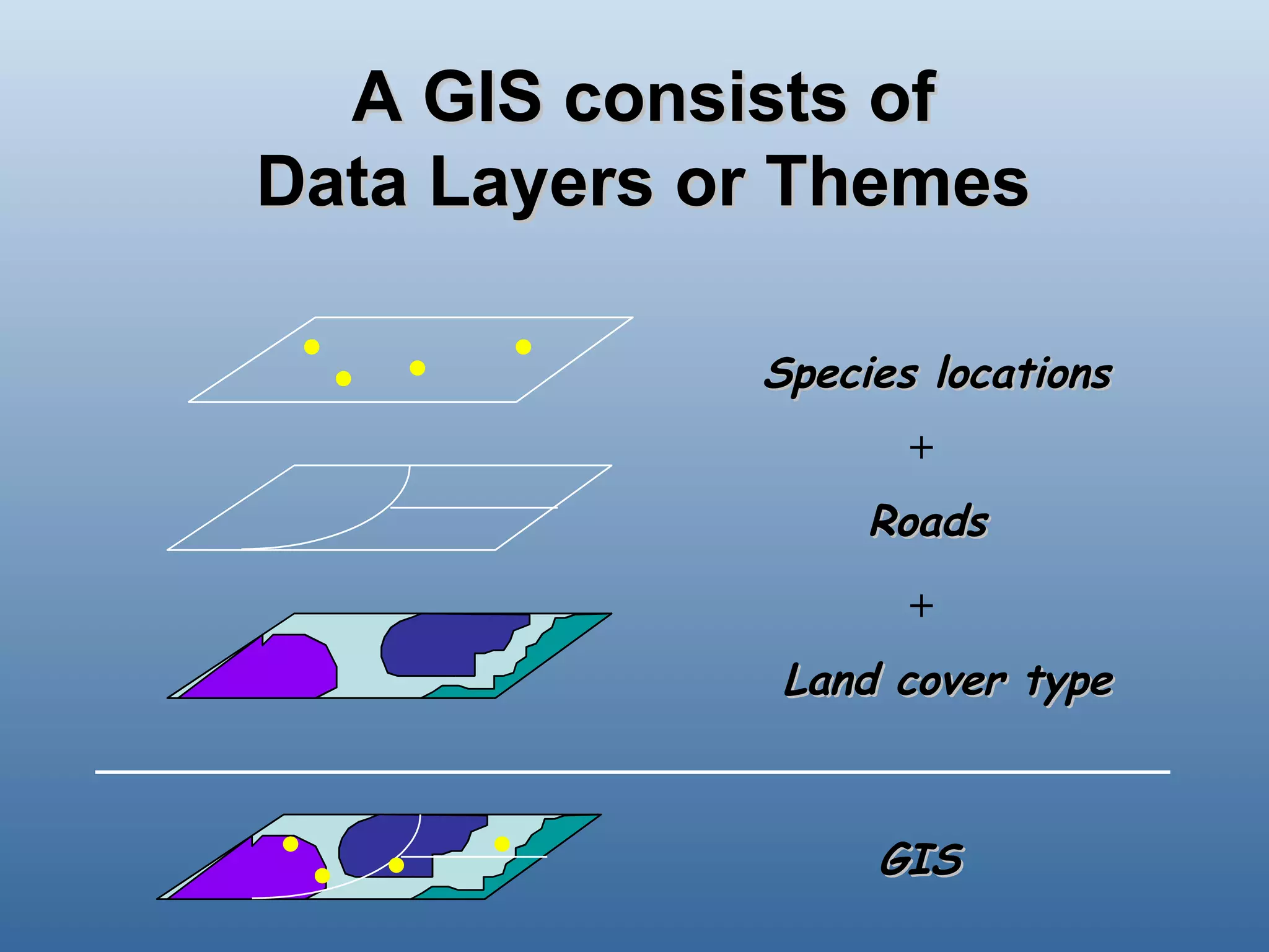 A GIS consists of Data Layers or Themes . . . . . . . . + + Species locations Land cover type Roads GIS  