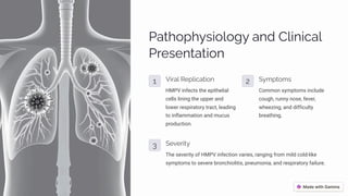 Paø¾áì•¾«¾‰ aµj C«•µ•ca«
Päpìpµøaø•¾µ
1 V•äa« Rpá«•caø•¾µ
HMPV infects the epithelial
cells lining the upper and
lower respiratory tract, leading
to inflammation and mucus
production.
2 S³áø¾³ì
Common symptoms include
cough, runny nose, fever,
wheezing, and difficulty
breathing.
3 Sppä•ø
The severity of HMPV infection varies, ranging from mild cold-like
symptoms to severe bronchiolitis, pneumonia, and respiratory failure.
 